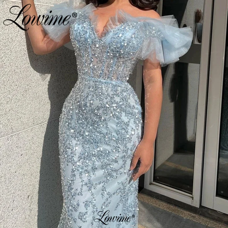 Blue Slim Mermaid Beaded Sequins Party Dress Off The Shoulder Arabic Long Evening Gowns For Women Prom Dresses 2023 Customized