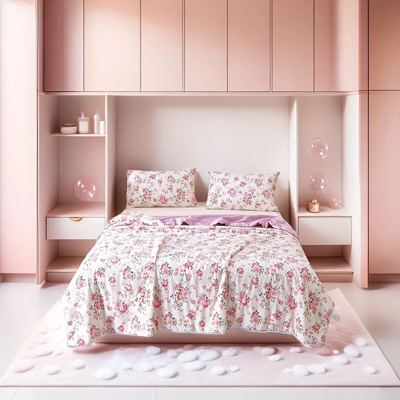 1PC Small Floral Print Summer Quilt White Background Pink Contrast Lace Embellished Soft Skin-Friendly Cool Air Conditioning Sui
