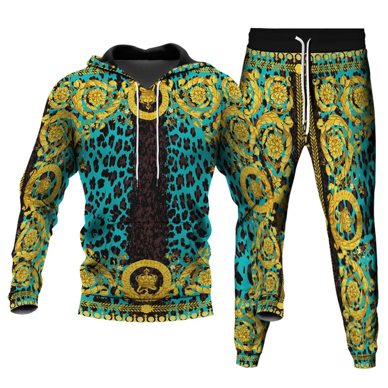 Men's Tracksuit Casual Sport Vintage Style Leopard Print Hoodies Pants Two Piece Set Hooded Sweatshirt Trousers Suits Size S-6XL