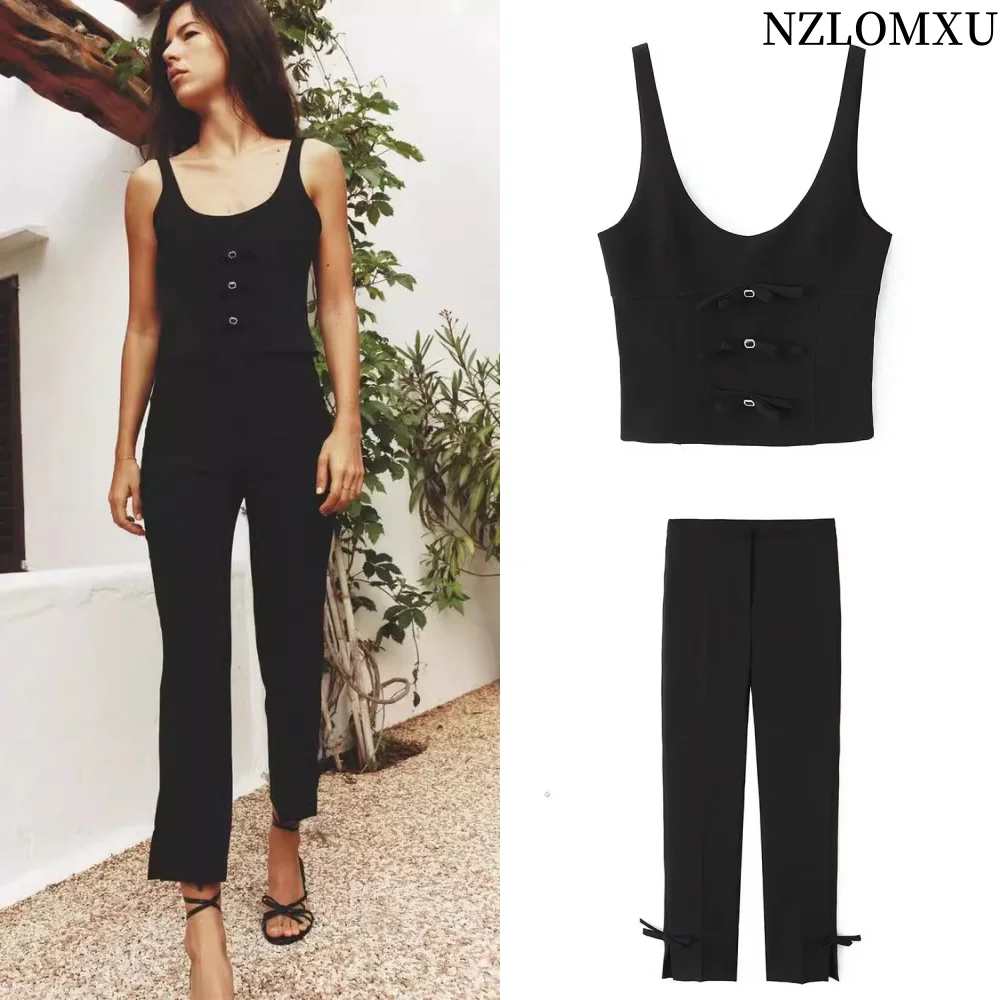 

2025 Summer New Bow Decoration Long Pants Sets For Women Fashion Top Women's Suit Two Piece Set Women Outfit