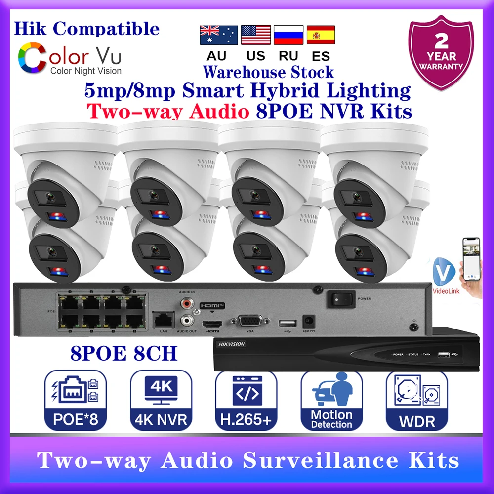 

8PCS OEM 5mp/8mp Smart Hybrid Light Fixed Turret Network Camera Support Human and Vehicle Detection two-way audio 8POE NVR Kits