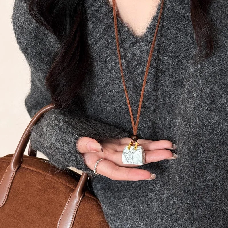 Vintage Cute Small Stone Bag Pendant Long Necklace for Women Korean Velvet Sweater Chain Jewelry Versatile Hanging Accessory