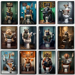 Dog Monkey Highland Cow Sitting on The Toilet Reading Newspaper Poster Animal Print Canvas Painting Funny Bathroom Wall Decor