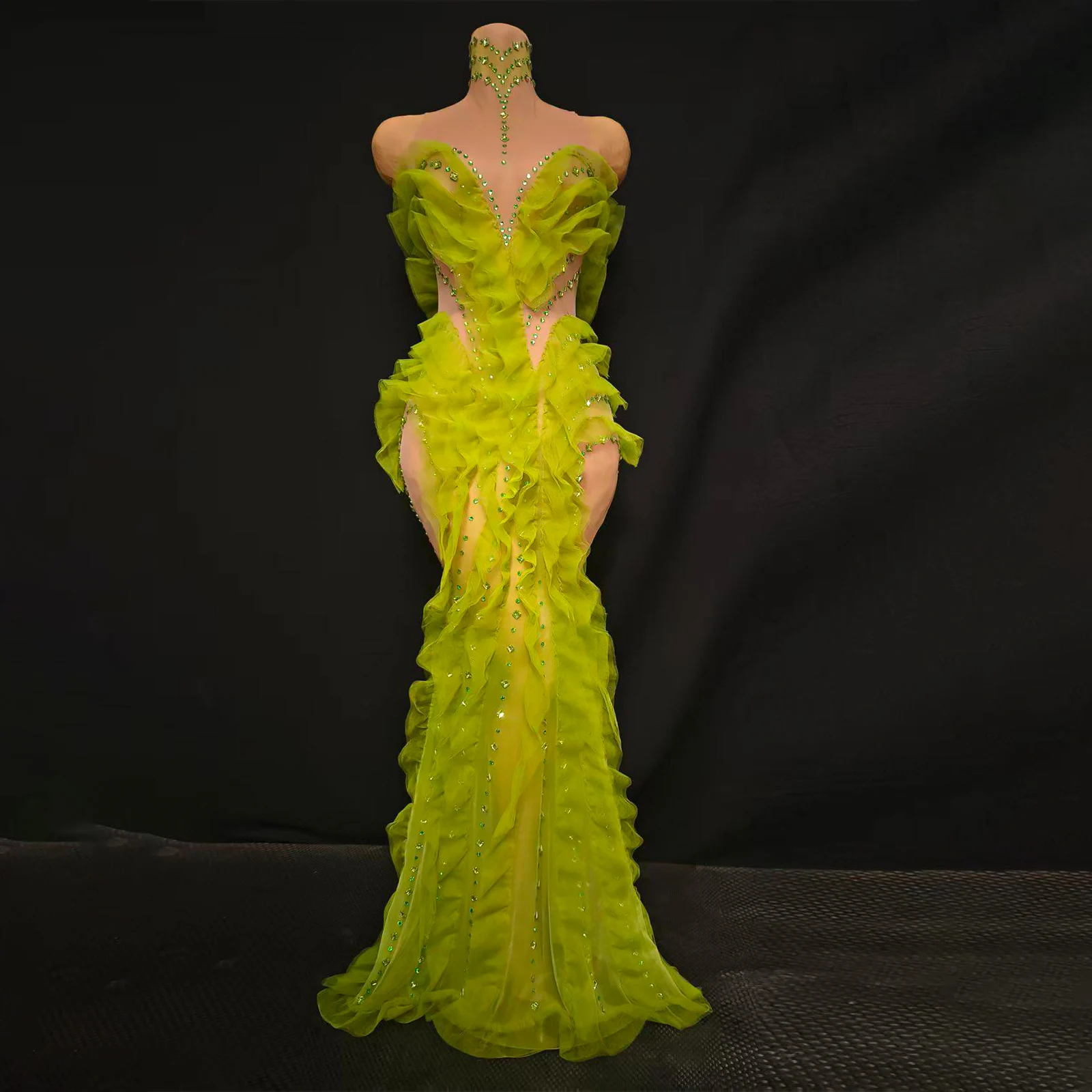 

New Fluorescent Green Strapless Beaded Seethrough Ruffled Fishtail Dress Birthday Party Nightclub Dance Stage Performancecostume