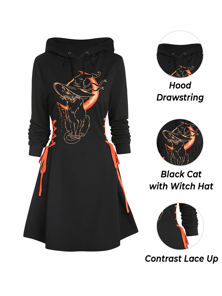 Dressfo 2024 Womens Gothic Hoodie Dress Cat Hat Moon Print Lace Up Long Sleeve A Line Mini Dress Black Dresses