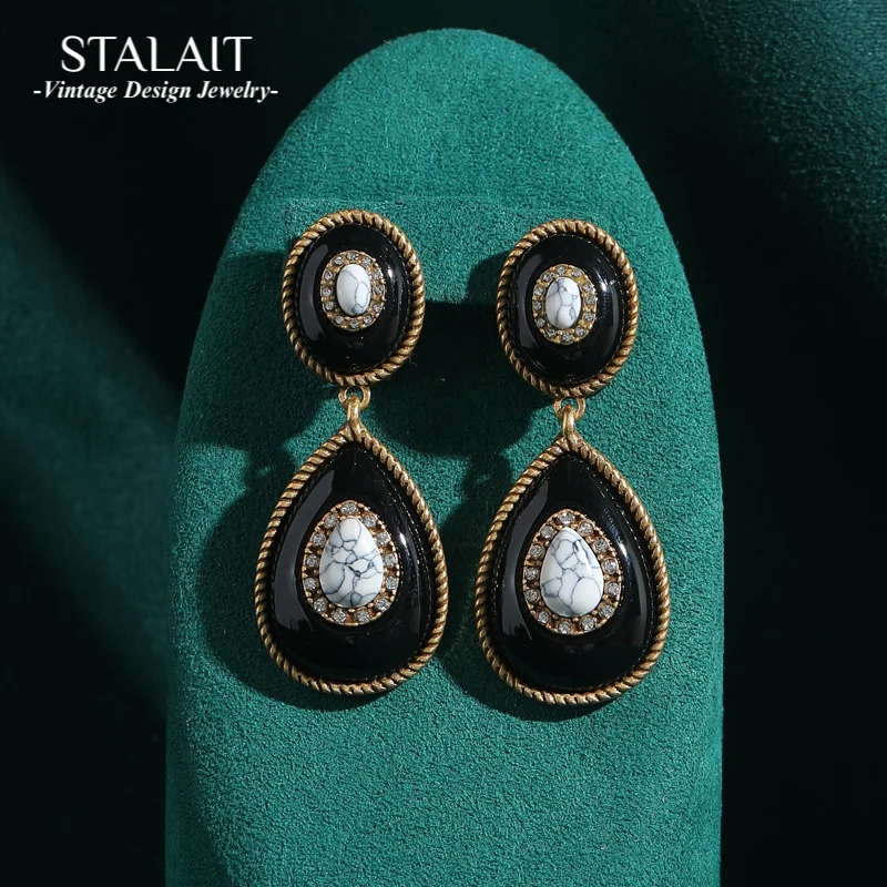 

Vintage Black Enamel Earrings Water Drop Retro Antique Gold Color Bohemia Jewelry Rhinestones For Woman Accessories Luxury 2025