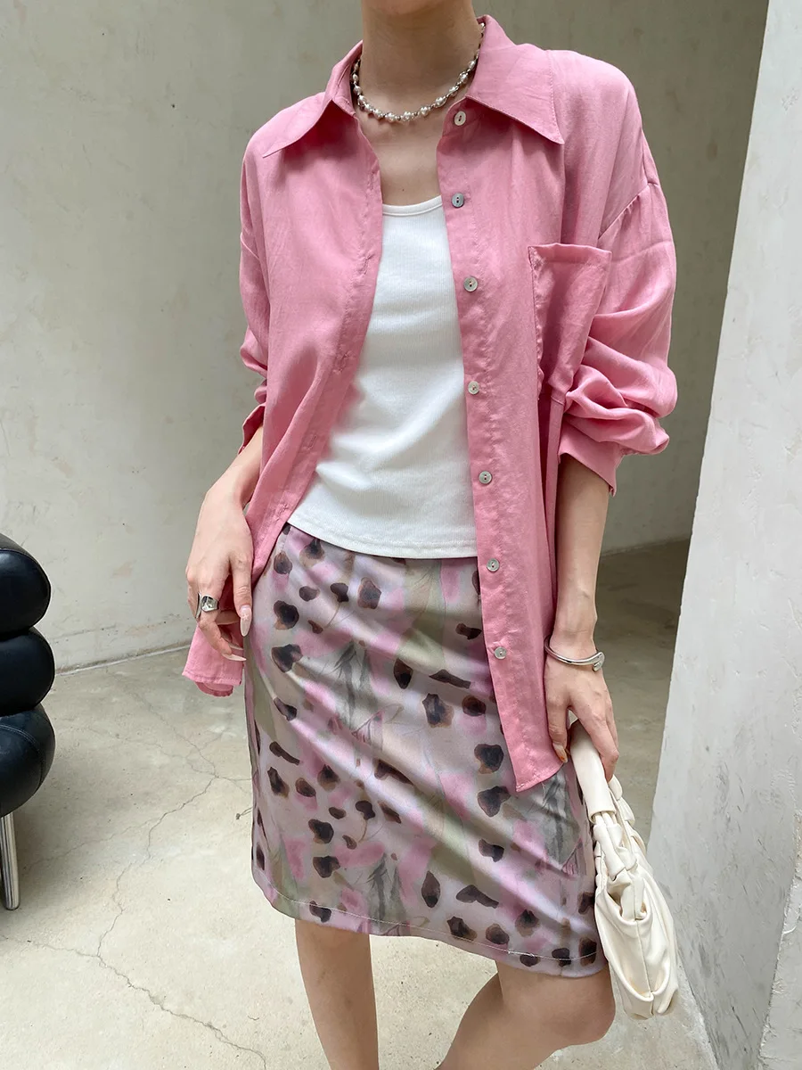 

Summer women's casual sun protection collar long sleeved loose shirt, dyed printed skirt set