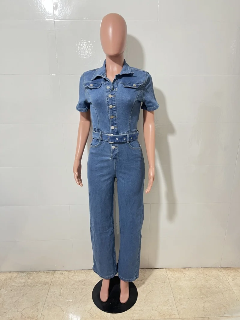 Streetwear Denim combinaison vêtements d'été femmes à manches courtes boutonné jean droit barboteuses combishorts une pièce salopette tenue