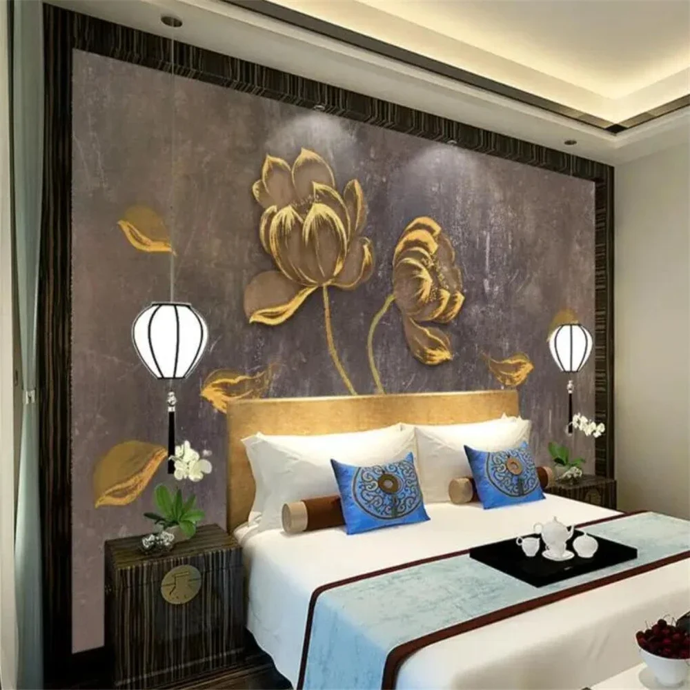 custom Golden lotus golden 3d wallpaper for walls background photo art mural wallpapers decorative wall painting wall stickers
