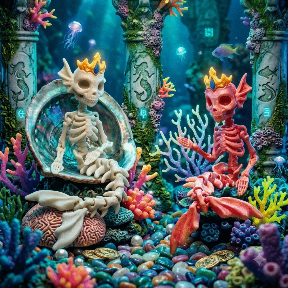 Articulated Movable Joints 3D Printed Mermaid Skeleton Fine Surface Details Smooth Edges Articulated Skeleton Figurine