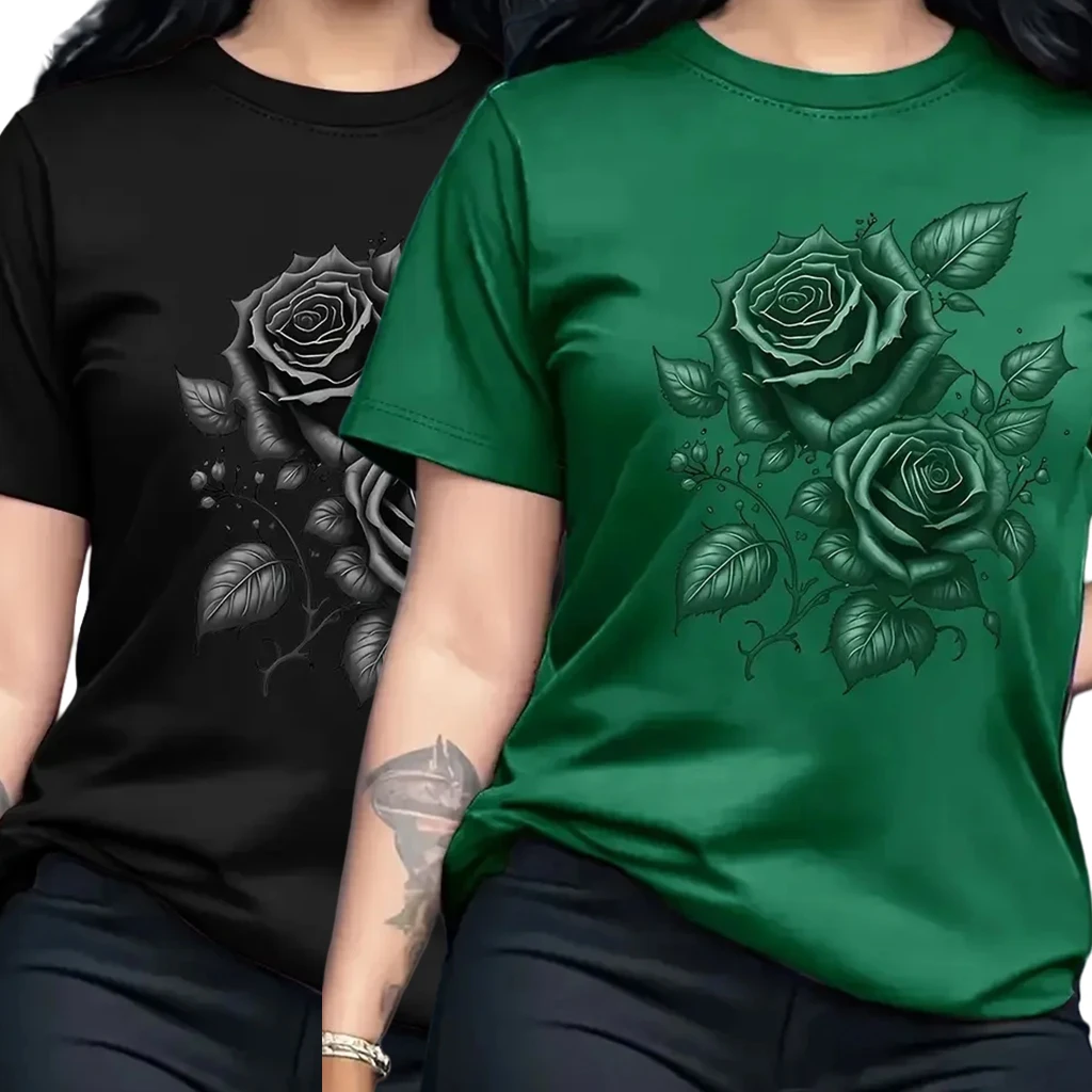 

Ladies' Fashion Casual Large-sized Round Neck Top 3D Rose Pattern Short Sleeved T-shirt Elegant Breathable Outdoor Sports Shirt