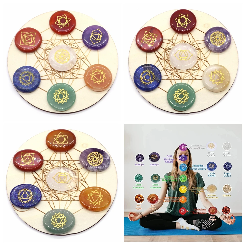 7 Chakra Natural Reiki Healing Stones Crystals Circular Rune Palm Magic Wooden Plates Symbols Engraved Gems Home Decoration Gift