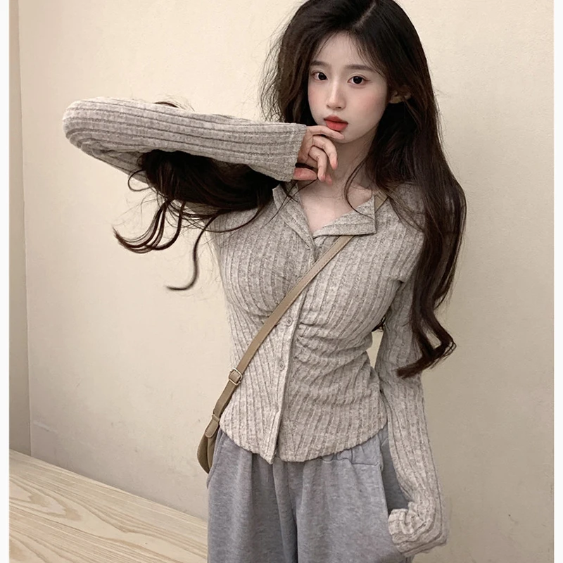 

Autumn Knit Women Cardigan Korean Sweet Slim Chic Folds Long Sleeve Female Casual Sweaters Fashion New Ladies Warm Crop Tops