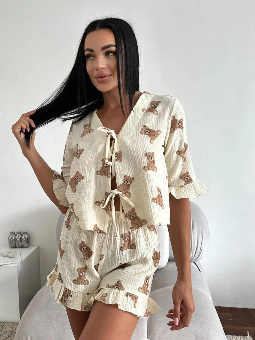 Martahqiqi Casual Women Nightgowns 2 Piece Set V-Neck Pajamas Long Sleeve Nightie Lace Up Sleepwear Shorts Printing Home Clothes