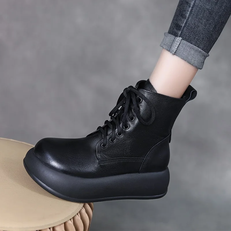 DRKANOL Retro Handmade Women Platform Boots Autumn Winter Round Toe Thick Bottom Zipper Genuine Leather Wedges Heel Ankle Boots