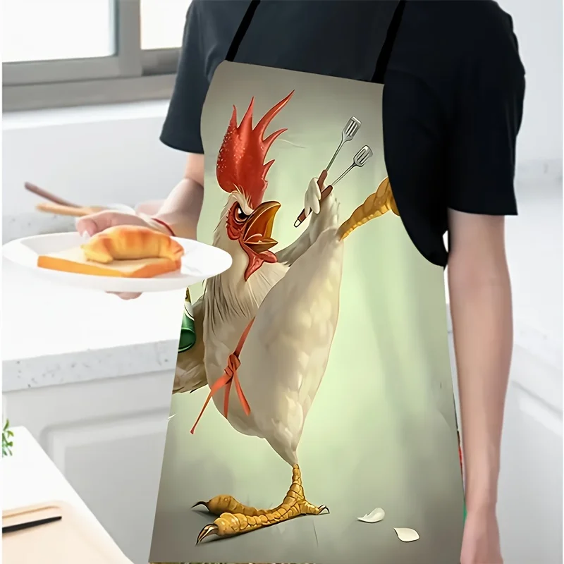 Colorful Rooster Print Apron - Durable Polyester, Sleeveless Design For Cooking & Cleaning