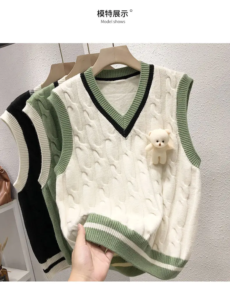 Sweater Vest Pullovers Womens Vest Green Sweater Vest Tops Womens Clothing Bear Sweater Vest Knit Vest Sweater Korean Style Tops