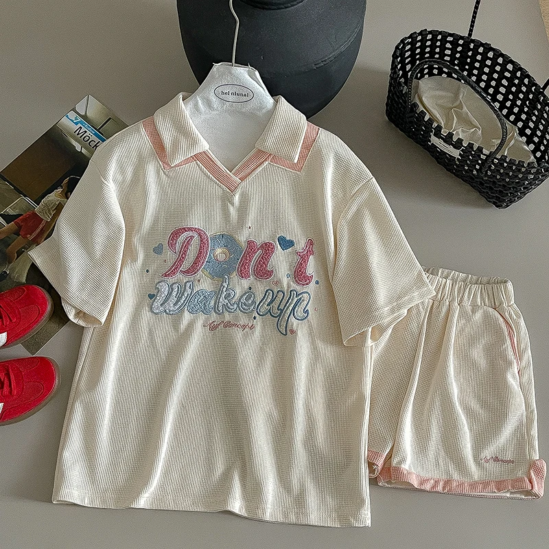 

Wedbleser Cute Cartoon Set Color Contrasting Casual Shorts 2025 Summer Korean Women Wear Short Sleeve Letter Embroidered T-shirt