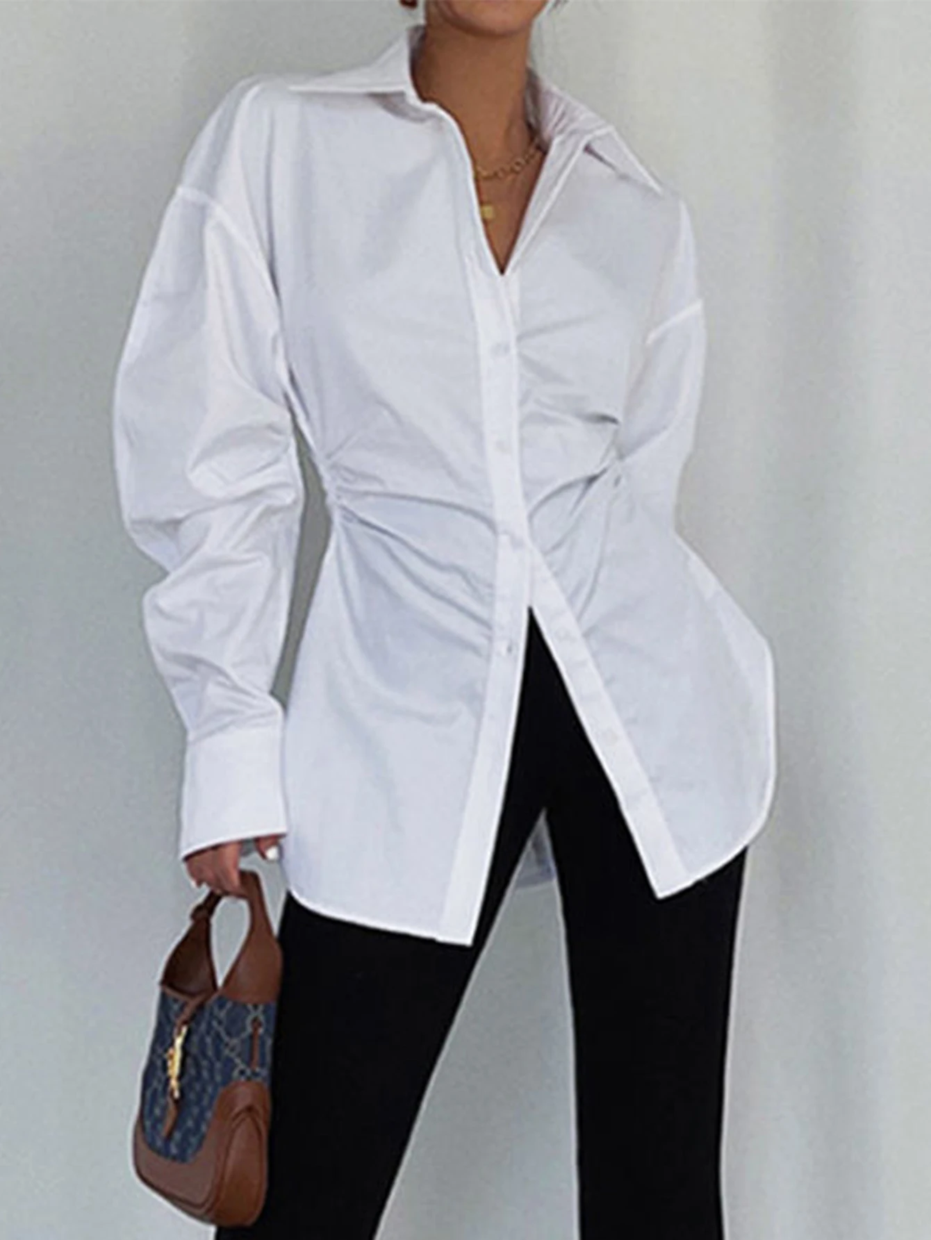 

Autumn Women's Shirts Skinny Fit Casual Solid Color Single Breasted Cuff Sleeve Shirt Collar Daily Shirts