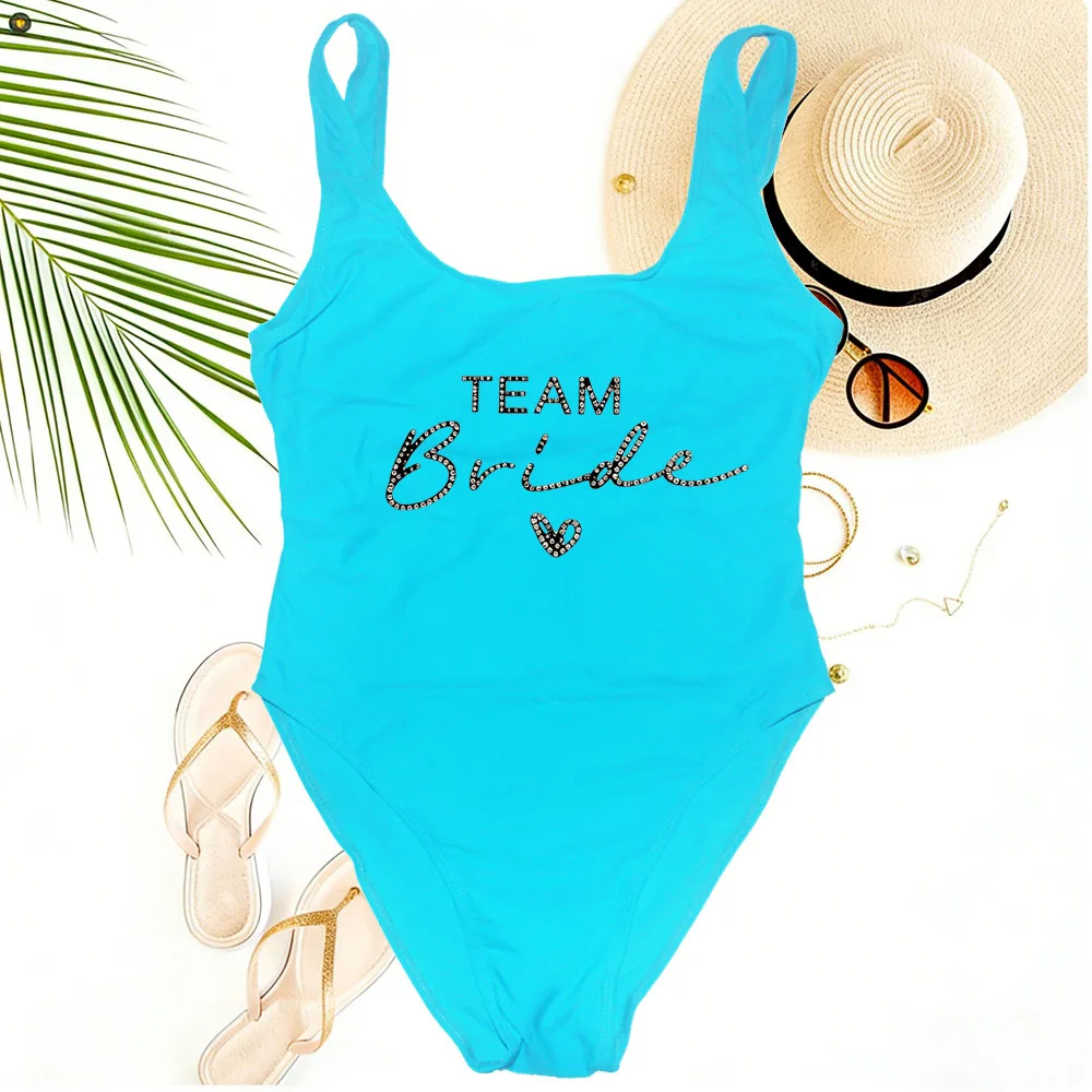 

New One Piece Bridal Team Swimsuit Women Swimwear Diamond Sexy Beachwear Female Swim Suit Backless Bodysuit Solid Bathing Suit
