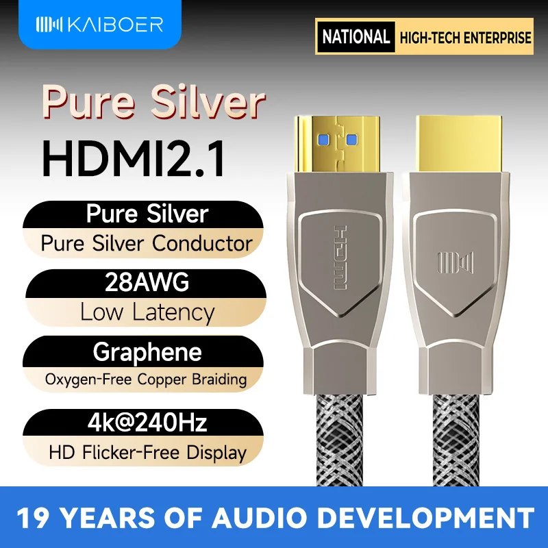 Kaiboer 6N Pure Silver HDMI I²S 2.1 Cable 28AWG HD Gold-Plated Connectors Dual Shielded for DMP PC TV Projector Double Shielding