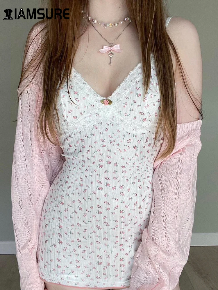 

IAMSURE Sweet Cute Floral Bodycon Dress Sexy Slim Lace Trim Sleeveless Mini Dresses For Women 2023 Suummer Fashion Streetwear
