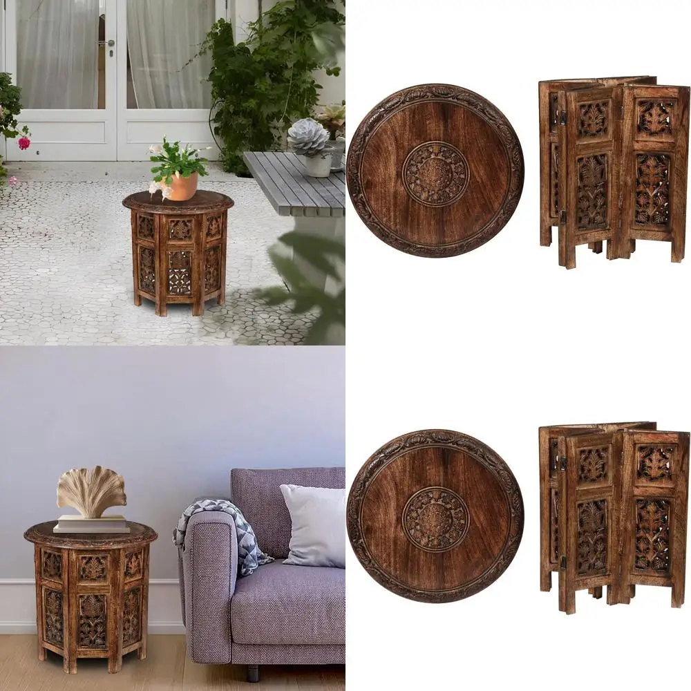 

Octagonal Carved Accent Table for Entryway, Living Room, and Bedroom - 18 Inch Antique Burnt Finish