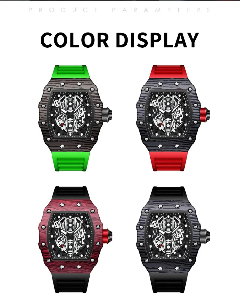 BINBOND 8577 Orologio da uomo Barilotto Specchio curvo Superficie cava Orologio sportivo impermeabile Orologio da uomo al quarzo in silicone