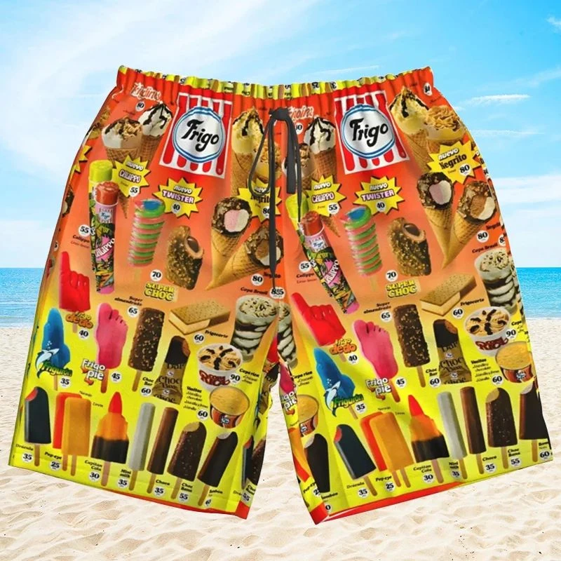 Calça curta de sorvete masculina, corneta havaiana picolé frio, calção de praia, bermudas de pirulitos congelados, troncos gelados, roupas, 2022