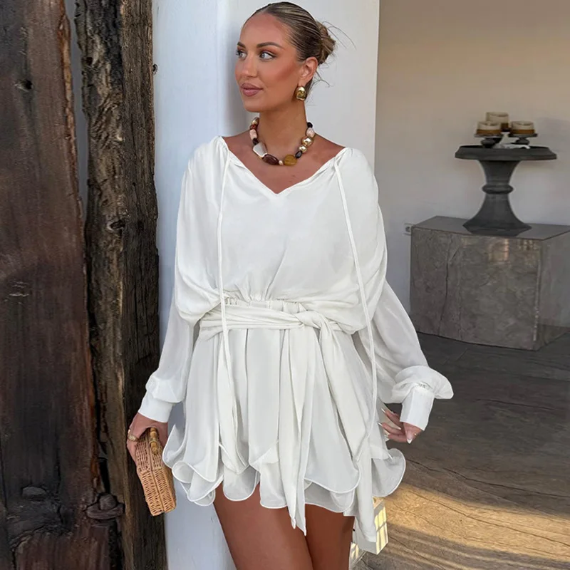 

Ticketsx Autumn Ruched Lace Up Dress Women Elegant Solid V-Neck Patchwork High Waist Mini Dress Fashion New Commuter Office Lady