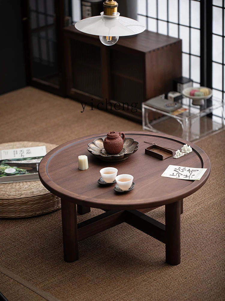 XL Walnut round Small Table Tatami Kang Table Low Table Small Coffee Table Solid Wood Portable