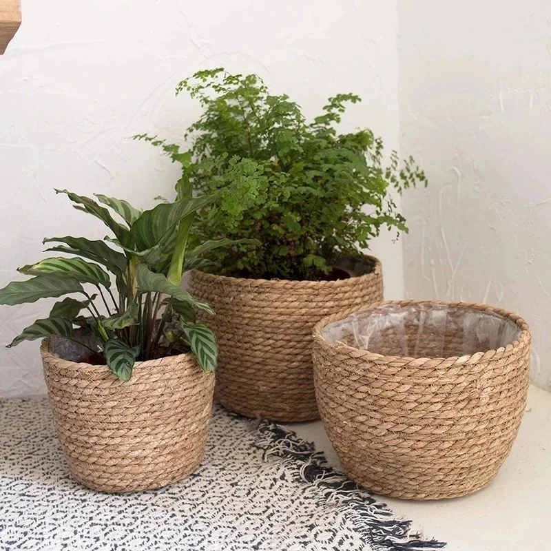 Straw Weaving Flower Plant Basket Grass Planter Basket Indoor Outdoor Flower Pots Cover Plant Containers for Plantable Plants FU
