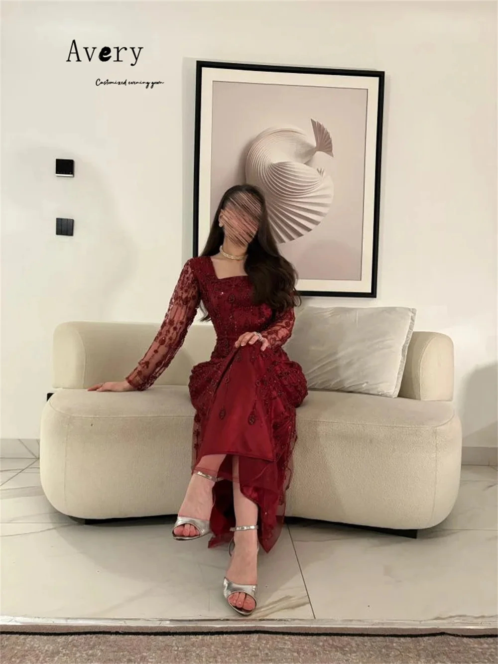Avery Customized Red Fishtail Long Sleeve Square Neck Elegant Evening Dresses for Woman Luxury Elegant Party Dresses 2025 Dress