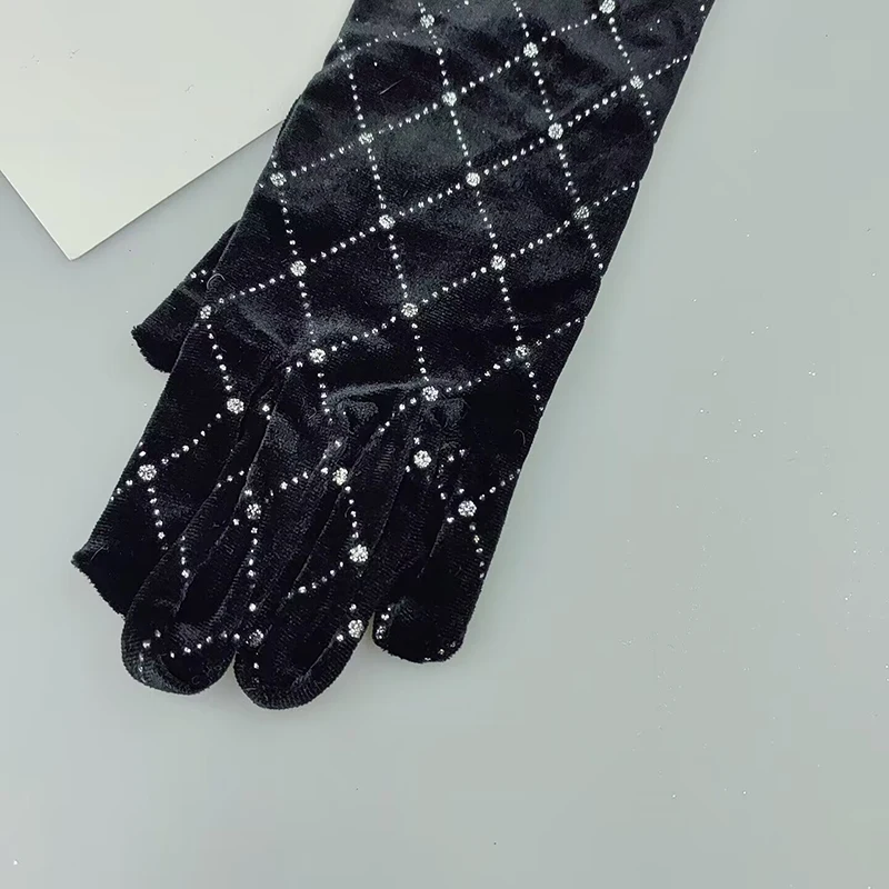 Christmas Makeup Party Dinner Dance Performance Black Sparkling Diamond Plaid Long Gold Velvet Gloves Cosplay Women Winter Warm