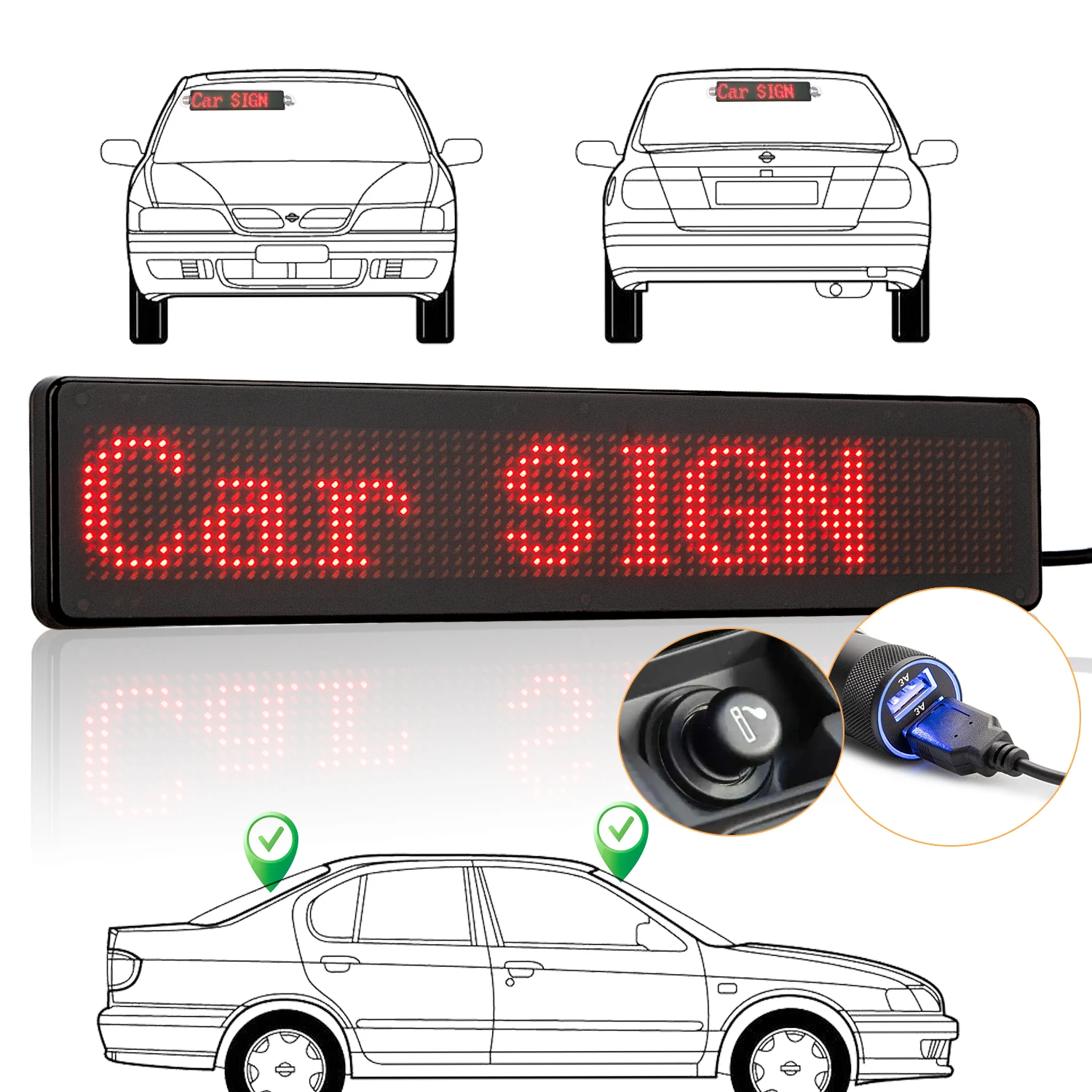 12V Bluetooth Led CAR Sign Display Red Text APP Control Programmable Scrolling Message Board Multi-language Taxi 12*72 Dots 23CM