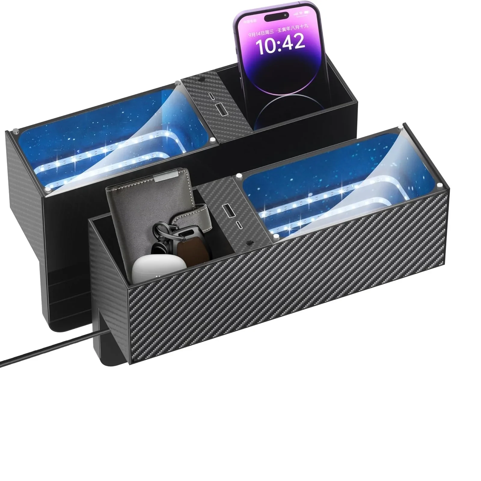 

Colorful Car Seat Gap Organizer With Atmosphere Light Car Crevice Storage Box W/ USB and Type-C Charging Ports Phone Holder
