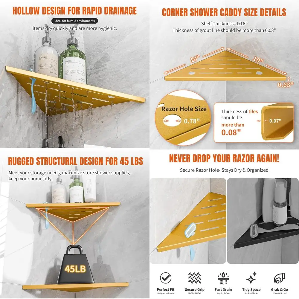 

Набор из двух держателей для душевых принадлежностей золотистого цвета, в деревенском стиле, из прочной нержавеющей стали 304, настенное крепление без сверления для ванной комнаты