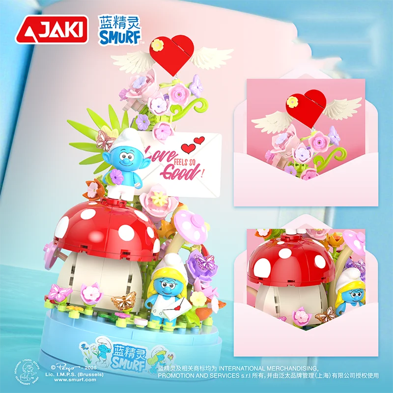 Smurfs-caja de música con letras de amor, bloques de construcción, caja de música giratoria, bloques de modelismo, adornos de escritorio, juguetes DIY para niños, regalos de vacaciones