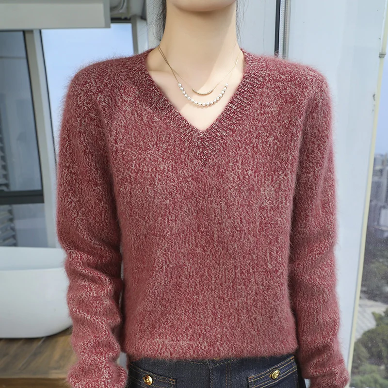 Mink Cashmere Sweater, Sweater for Women, Knit Pullover long sleeve, Pretty Colored Yarn, Autumn and Winter Loose V-Neck Top