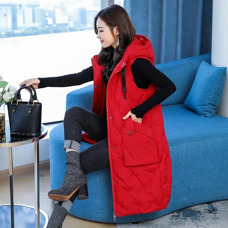 New Women\'s Casual Long Down Cotton Vest Autumn Winter Cold Warm Waistcoat Fashion Windproof Hooded Parka Overcoat Oversize 5XL