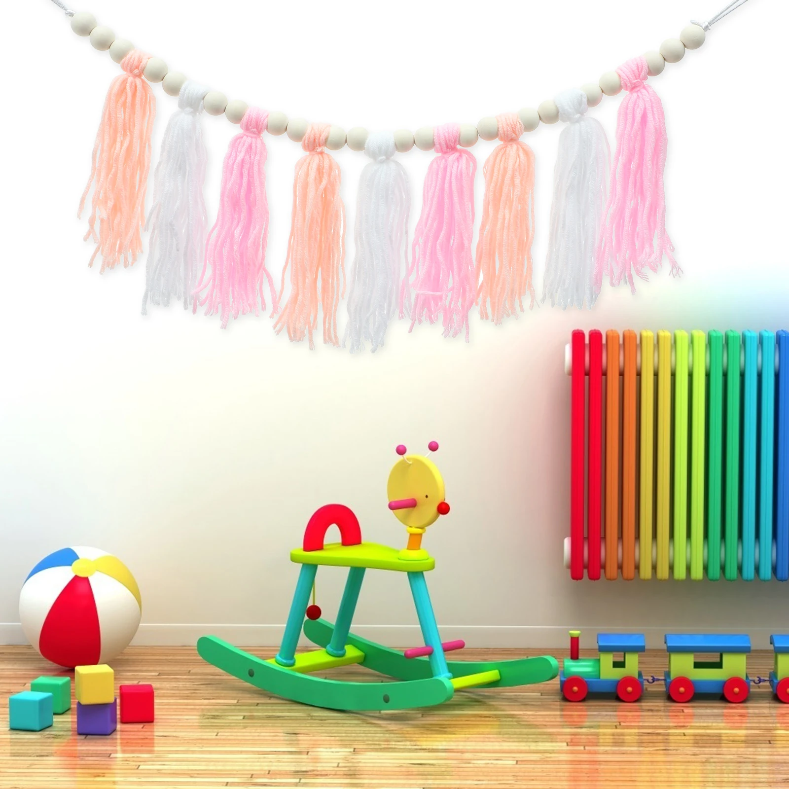 

Nordic Style Tassel Decor Wooden Beads Wool Balls Set for Home Christmas Boho Tassel Hanging Room Colorful