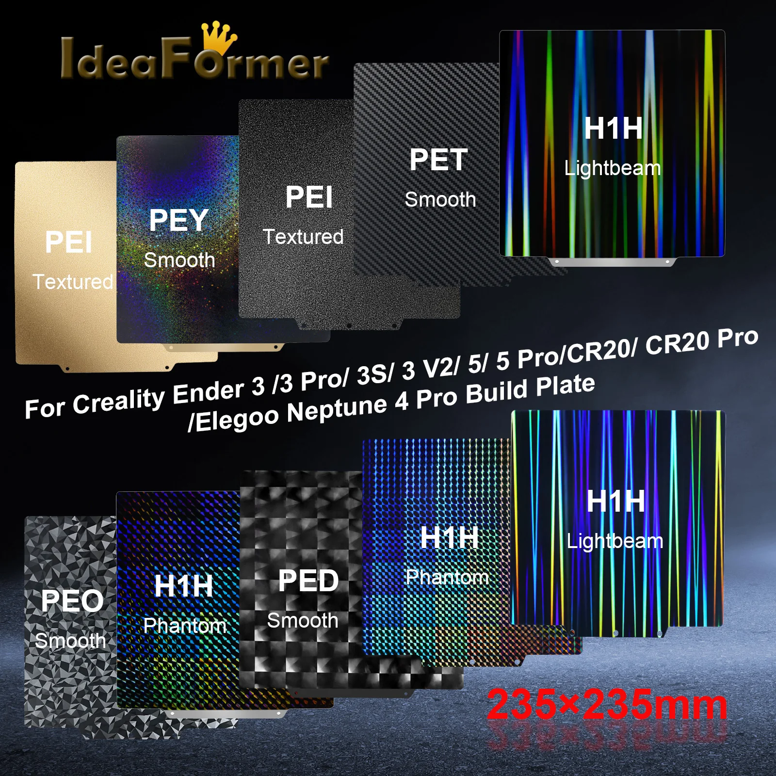 Neptune 4 Pro Pei 부드러운 시트, Ender 3 235x235 Pei 시트, 애완 동물 Peo H1h 마그네틱 빌드 플레이트, 스프링 스틸 3D 프린터 가열 침대 