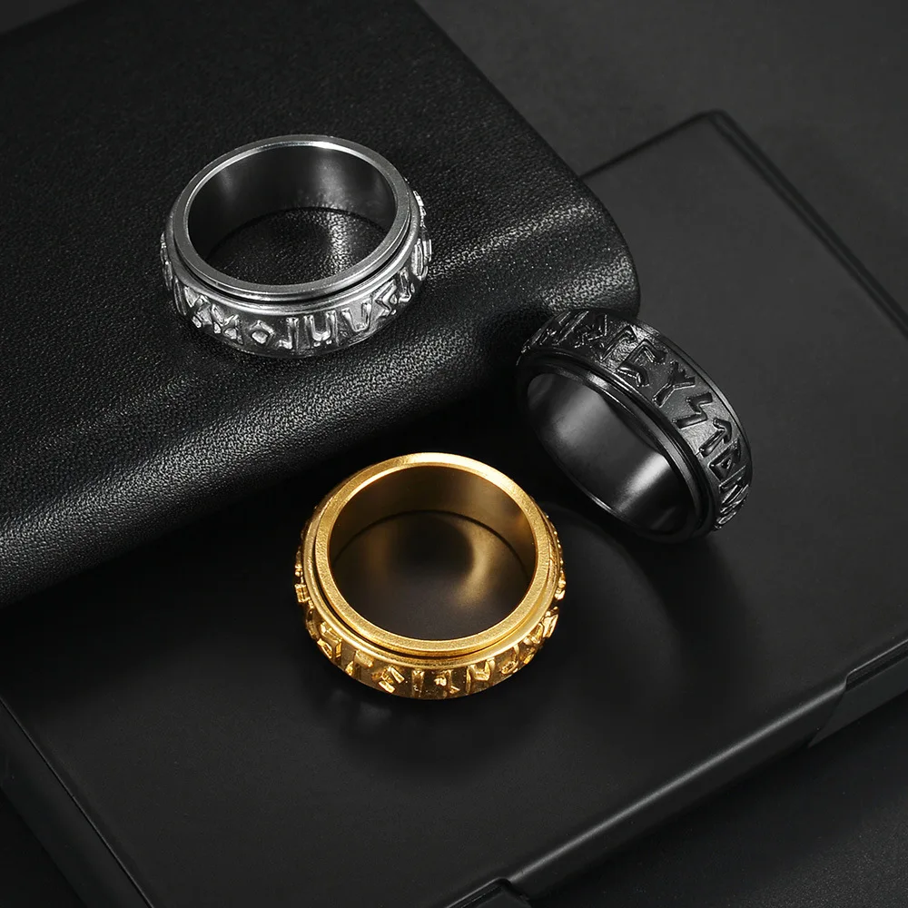 

Vintage Rotatable Rune Ring For Men Women Steel/Black/Gold Stainless Steel Nordic Rings Fashion Charm Jewelry Accessoires Gift
