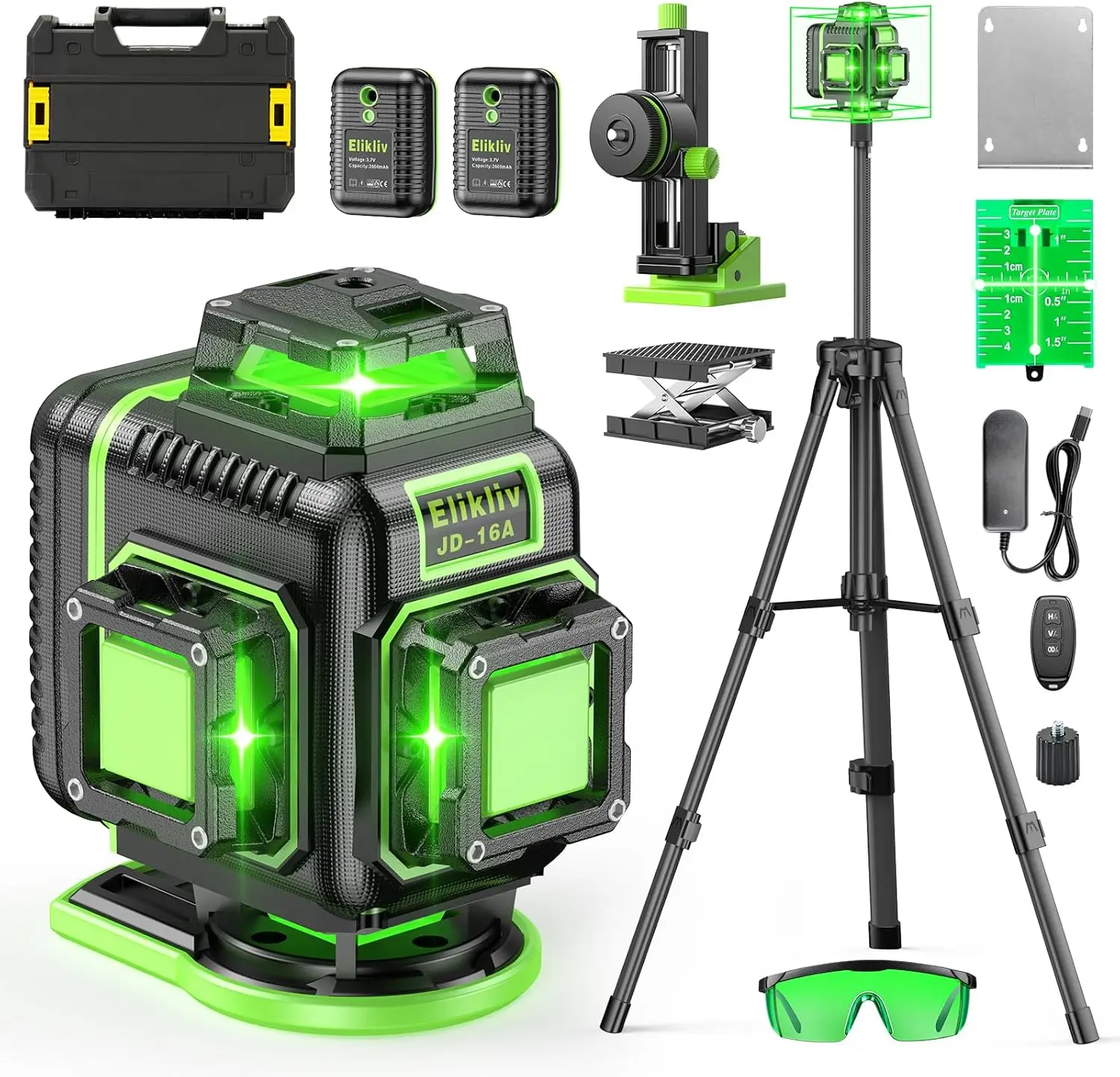 Level 360 Self Leveling with Tripod, Elikliv 4D Laser Level, 165Ft Green Laser Level Lines Tool, 4x360° Cross Line Laser for Con