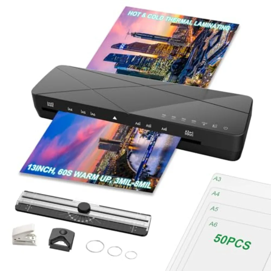 

A3 Laminator Machine 13 Inch Thermal Cold 10-in-1 Auto Feed Laminator with 50 Sheets Paper Trimmer Corner Rounder Fast Warm Up