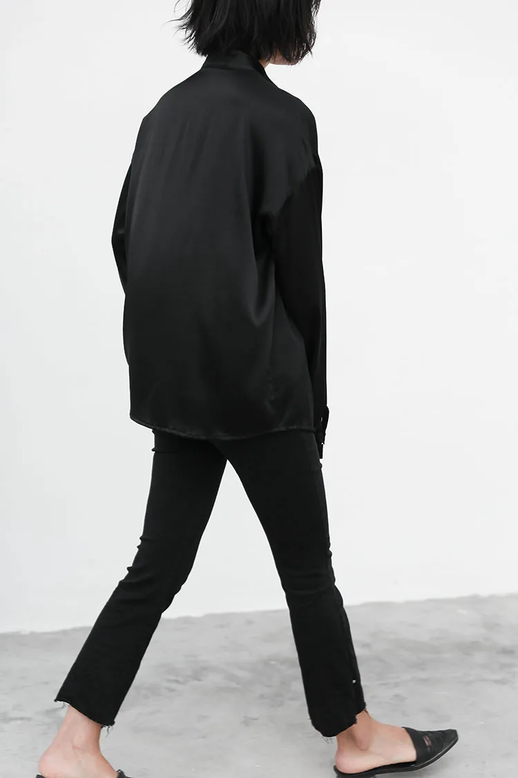 Luxo amoreira seda camisa feminina preto seda manga longa temperamento blusa brilho brilhante casual moda feminina primavera verão