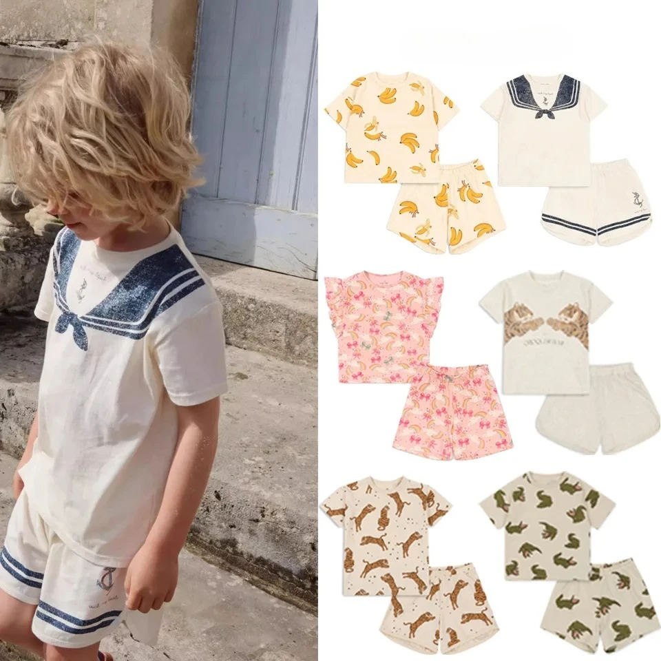 

Konges Slojd Летние футболки с короткими рукавами с принтом для маленьких мальчиков + шорты, комплекты из 2 предметов, детская хлопковая одежда, комплекты футболок с единорогом для девочек