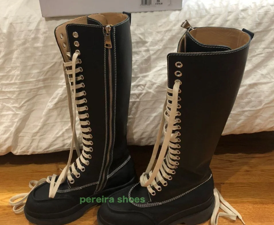 Dame Schwarz Reißverschluss Punk Stil Tanz Knie Stiefel Schnürplattform Blockabsatz Runway Party Gladiator Pu Stiefel Schuhe Größe 34-46