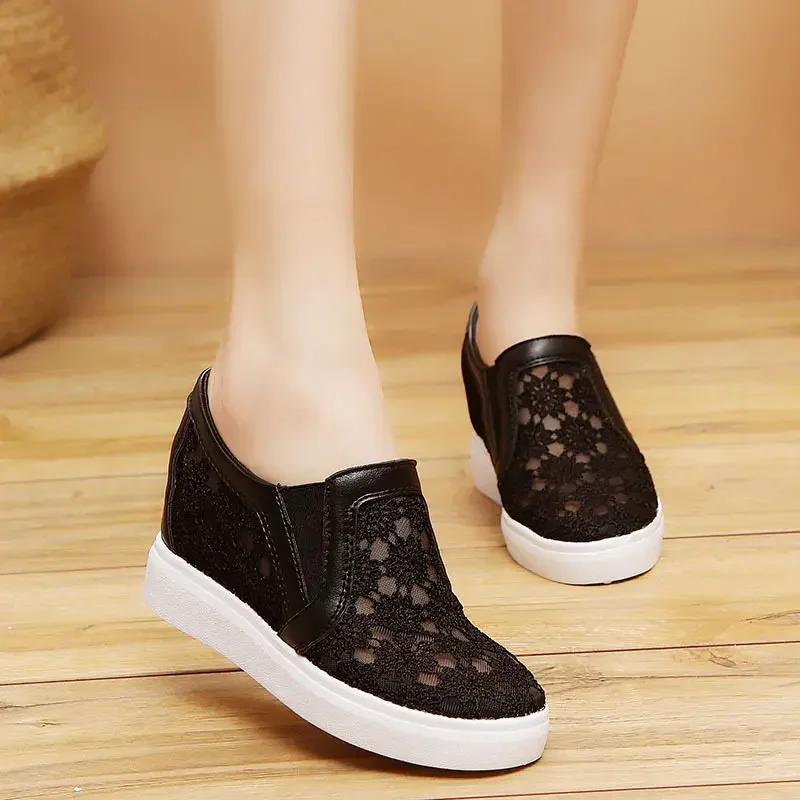 White Women\'s Shoes Mesh Loafers Flat Platforms Female Casual Wedges Ladies Height Increasing Footwear Sneakers Breathable Black