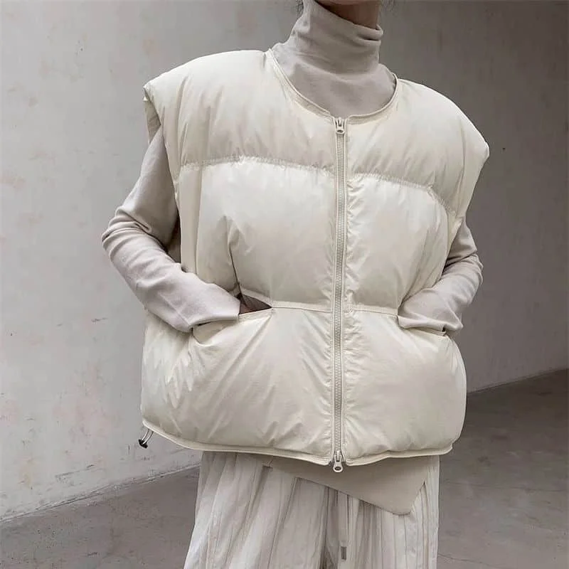 

Workwear Waistcoats Women Autumn Winter Zipper Design Vest O-neck Casual Sleeveless Cardigans Vintage Jackets Loose Women Tops